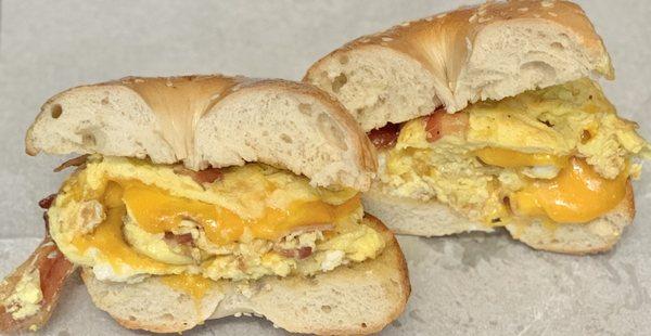 Bacon, egg and cheese on a sesame bagel!