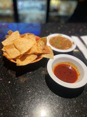 Chips with spicy & mild salsa.