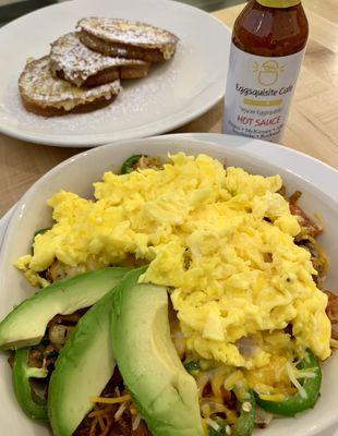 Now Open for Breakfast and Lunch: Chicken carnitas skillet with jalapeños, cinnamon French toast and our homemade hot sauce.