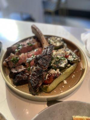 Tomahawk steak pre-slice with exquisite vegetables