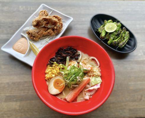 Seafood Garlic Miso Ramen. Chicken Karaage. Grilled Shishito Peppers.