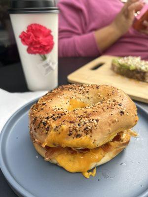 Bacon egg and cheese on an everything bagel