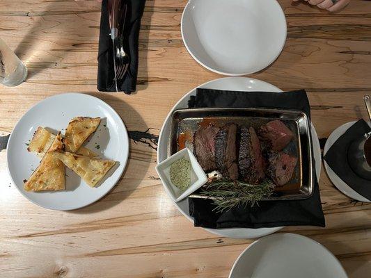 Chateaubriand with Bourbon Mushroom Demi-glacé and Parmesan Potato Gratin