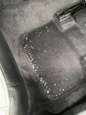 Some of the glass left inside my car. I started vacuuming and then said I better take a picture.