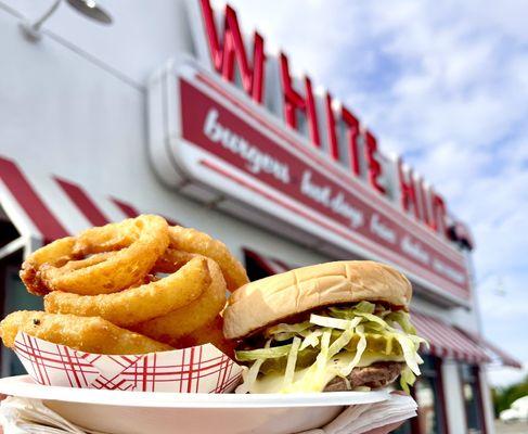 Single cheeseburger and order of onion rings