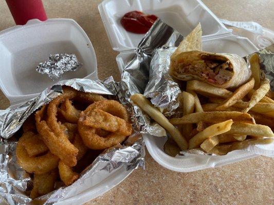 Onion Rings, Buffalo Chicken Wrap, Fries