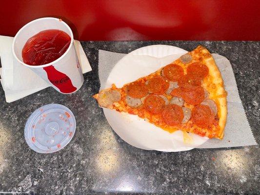 Pepperoni and sausage pizza with Fruit Punch