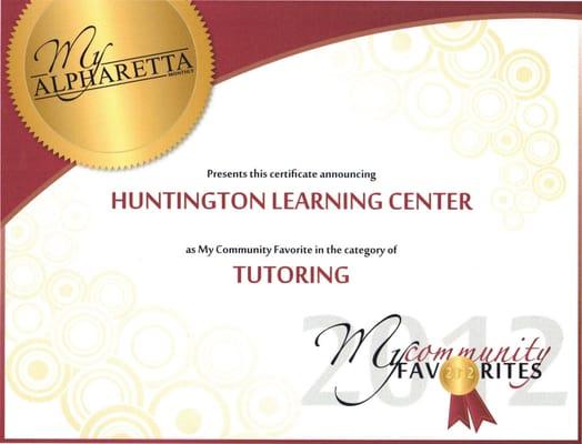 Voted Favorite Tutoring Center in Alpharetta two years in a row.  2012 & 2013