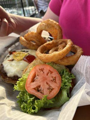 Cheeseburger and onion rings