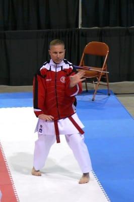 Shihan Buttermark warming up to compete in kata at 2013 nationals.  Result: Gold Medal - National Champion