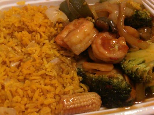 Schezwan shrimp, side of shrimp fried rice.