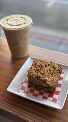 coffee cake and iced vanilla latte