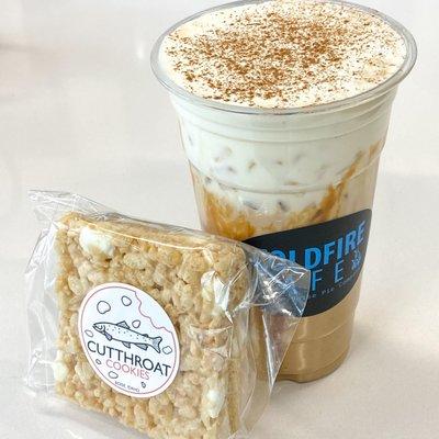 Salted caramel latte with vanilla cold foam and a Cutthroat Cookies rice crispy treat