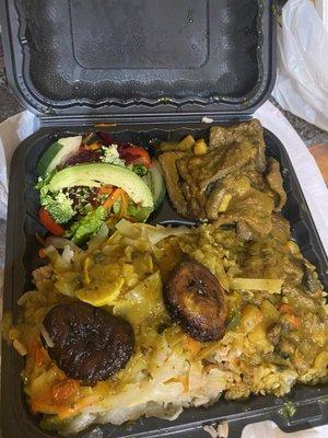 Vegan Beef and Mushroom w/rice and peas, cabbage and salad