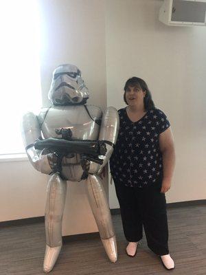 Helium Storm Trooper for May the Fourth! $30! He's 70" tall & comes with weighted feet.