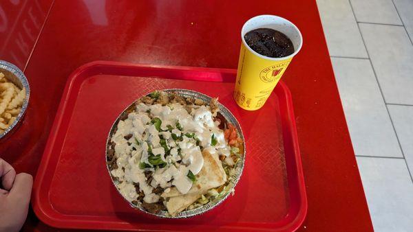 Regular Combo Platter (Gyro Meat & Chicken), Lettuce, Tomatoes, Onions and Bell Peppers over Rice with Diet Coke