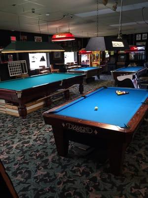 17 pool tables with new Simons 860 tournament blue felt, Super Aramith Pro Balls, and new Valley Supreme House cues