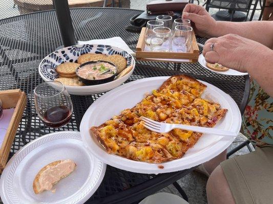 The June Special Flatbread: Raspberry Chipotle Chicken, the Cajun Crab Dip both wonderful