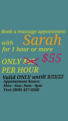 Discount massage. Please texting ahead of time for making an appointment. Tax and tips are not included.