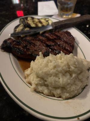 NY steak w/grilled zucchini & garlic mashed potatoes