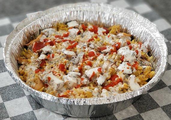 Chicken & Rice with white sauce and hot sauce