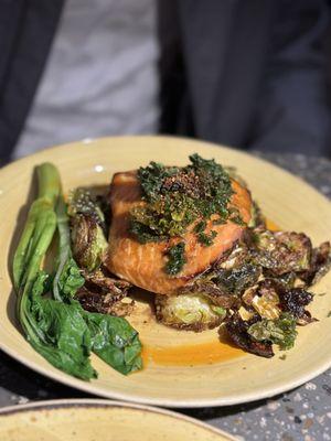 Salmon. This dish was not good. It was dry and salty. And the brussels sprouts were burnt.