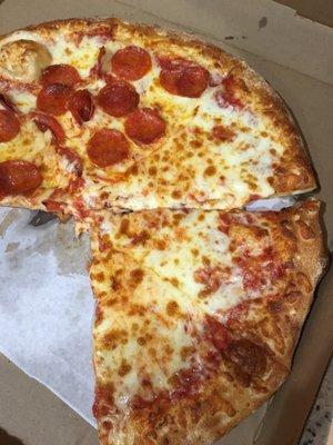 Half cheese, half pepperoni pizza. So good!!