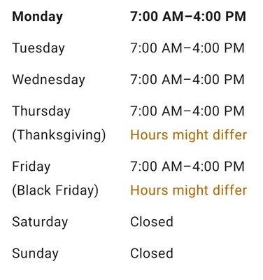 Thanksgiving hours