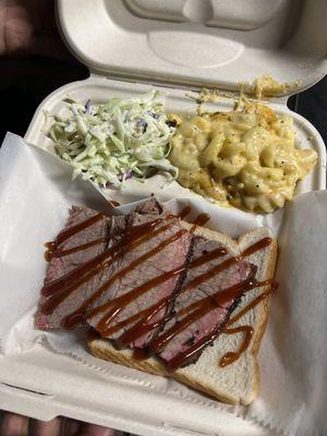 Brisket plate with Mac n cheese & coleslaw