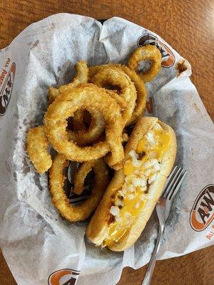 Coney Cheese Dog with Onion Rings.