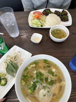 Chicken Pho and beef tips with rice