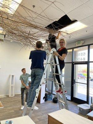 Our twig chandelier constructors!