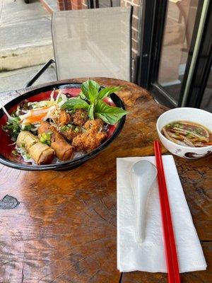 Bun cha ca ( Vietnamese fish cake with vegetable spring rolls