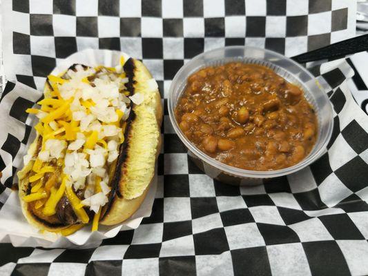 Detroit Coney and side of baked beans.