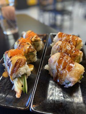 Dragon roll (left) and Baked Salmon roll (right)