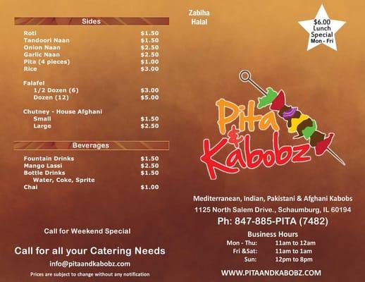 Pita and Kabobz Front Menu