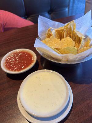 Chips and salsa and a side of cheese dip