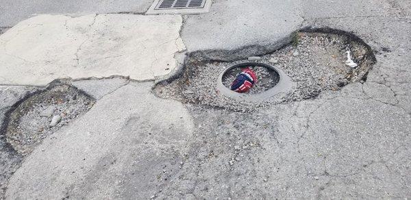 Yes...that's one of my hockey gloves in one of the 3-4 huge potholes on Smith's Antiques parking lot. It's almost a FOOT deep.