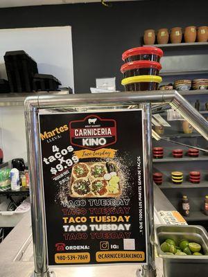 Taco Tuesday special ad. 4 tacos for $9.99.