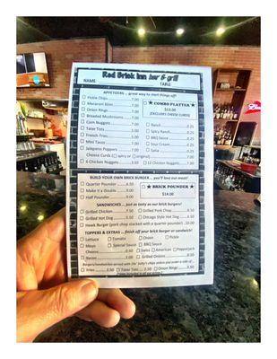 Menu/Order cards @ The Red Brick Inn 500 W Main Street, Kirkland, IL  Bar & Grill. Cool!