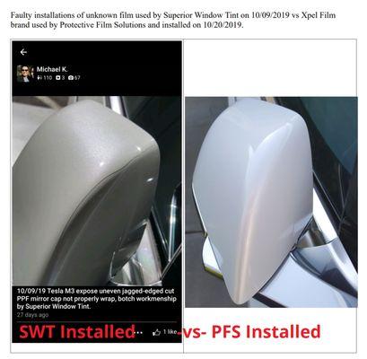 A real comparison of "Superior Window Tint-Tracy, CA" vs "Protective Film Solutions" on the same Tesla Model 3.