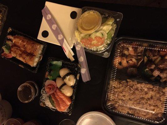 fuji roll, salmon sashimi, scallop sushi, suzuki sashimi, steak and shrimp hibachi combo takeout