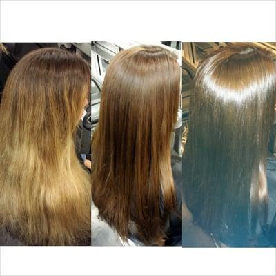 Makeover! Bleach blonde to nice rich chocolate brown. Color done by Colorist Hitomi