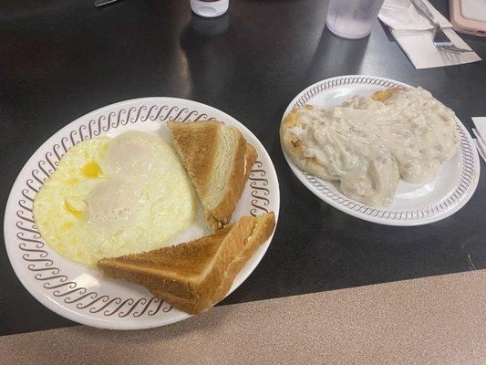 My breakfast for dinner, 2eggs over med., biscuits & gravy, buttered toast