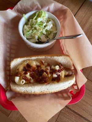 Mac and Cheese Dog with a side of Coleslaw