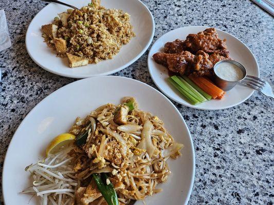 Pad Thai, Spicy Garlic Chicken Wings, Fried Rice.