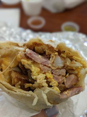 Breakfast burrito with ham and beans