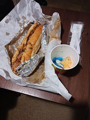 Chicken Cheesesteak and water ice.