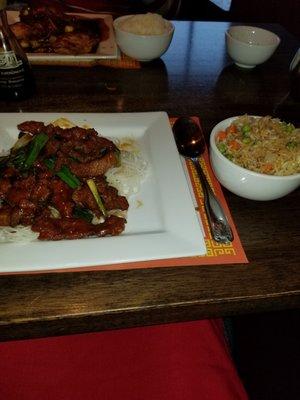 Mongolian Beef with noodles and a side of white rice.