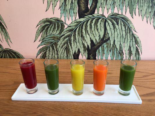 Flight of 5 juices for $8, meant to be tasted right to left: 'kale ale,' 'anti-inflam,' 'fireball,' 'green love' and 'beet it'